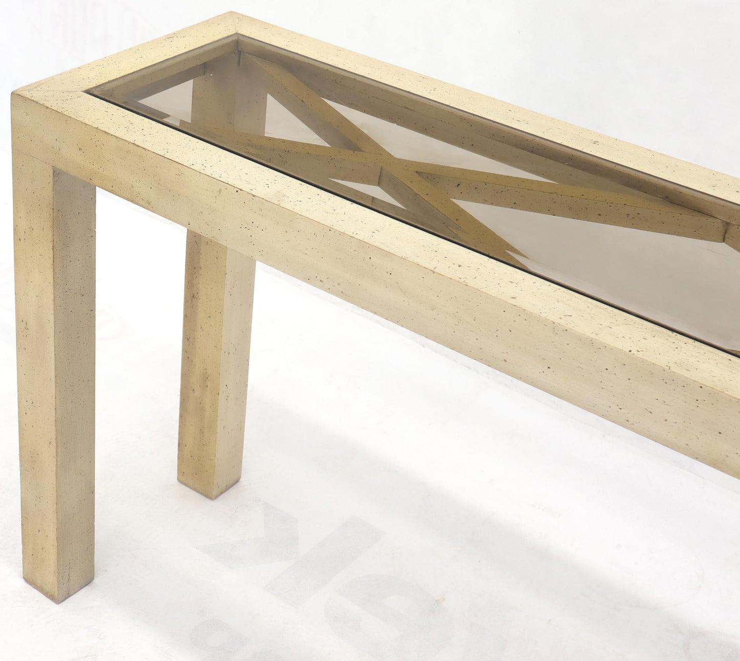 EstablishedLines Pickled White Wash Finish Parsons Style Console Table with Glass Top