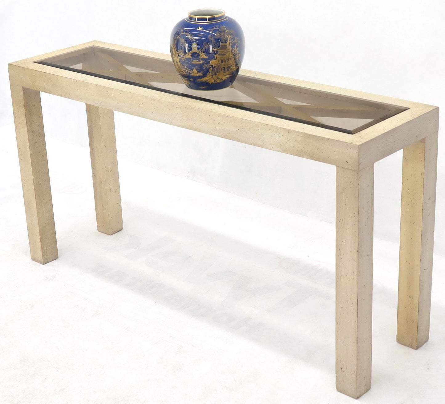 EstablishedLines Pickled White Wash Finish Parsons Style Console Table with Glass Top