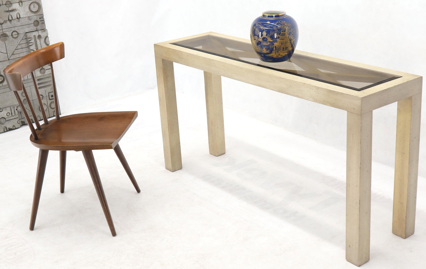 EstablishedLines Pickled White Wash Finish Parsons Style Console Table with Glass Top