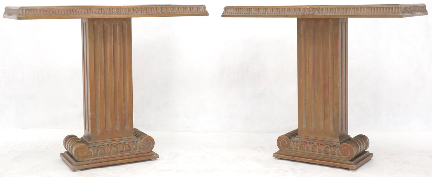 EstablishedLines Pair of Reverse Painted Glass Tops Single Pedestal Side Occasional Tables