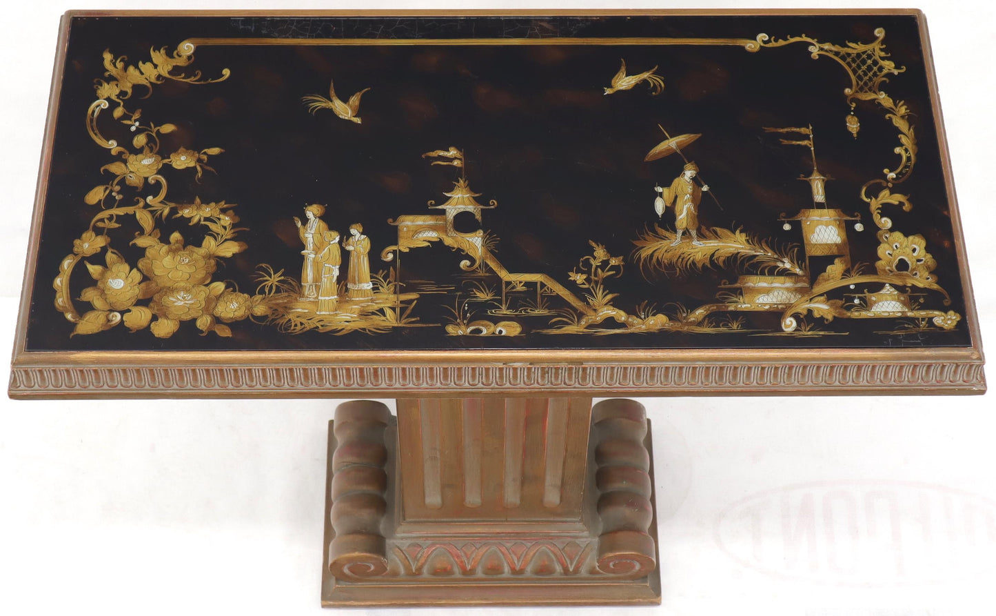 EstablishedLines Pair of Reverse Painted Glass Tops Single Pedestal Side Occasional Tables