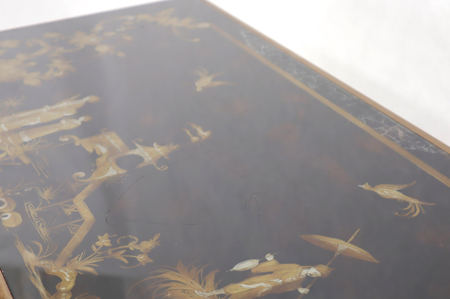EstablishedLines Pair of Reverse Painted Glass Tops Single Pedestal Side Occasional Tables