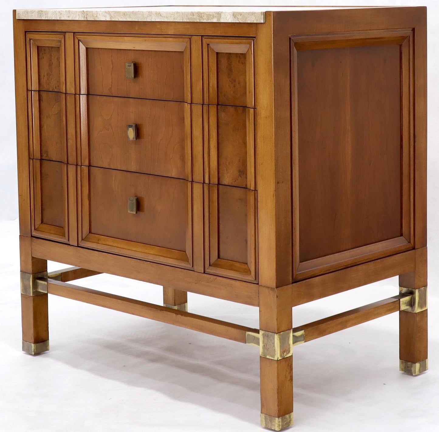 EstablishedLines Travertine Top Three Drawers Bachelors Chest with Brass Pulls and Accents
