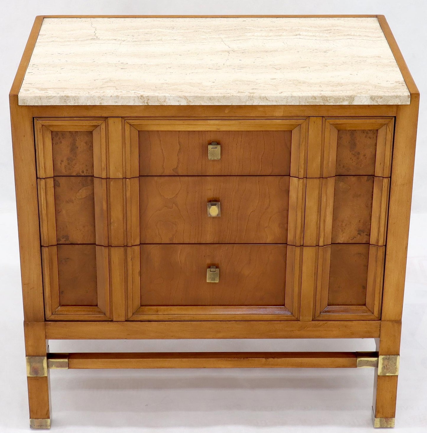 EstablishedLines Travertine Top Three Drawers Bachelors Chest with Brass Pulls and Accents
