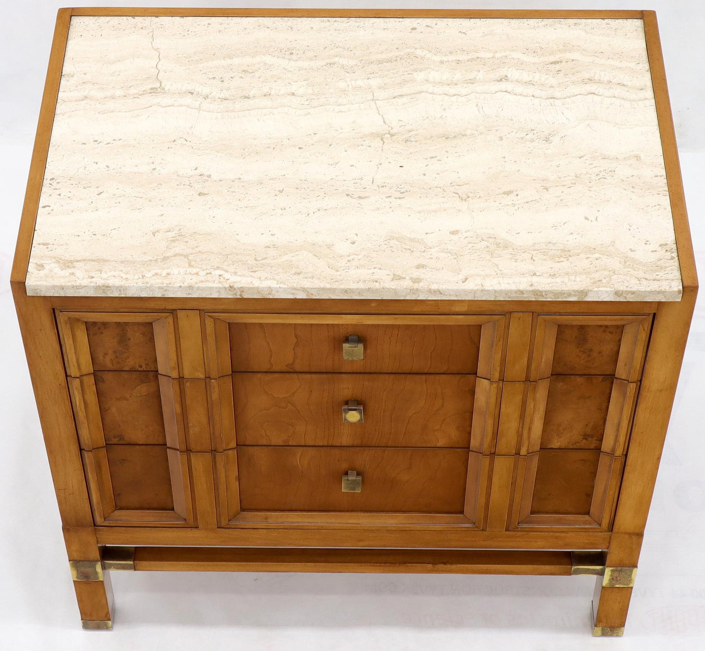 EstablishedLines Travertine Top Three Drawers Bachelors Chest with Brass Pulls and Accents