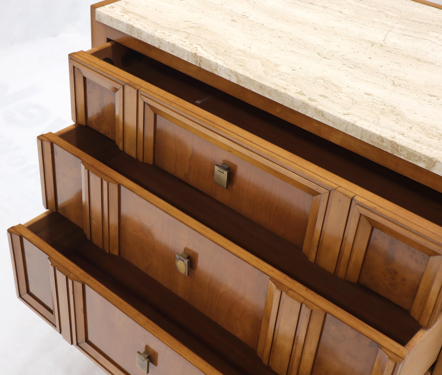 EstablishedLines Travertine Top Three Drawers Bachelors Chest with Brass Pulls and Accents