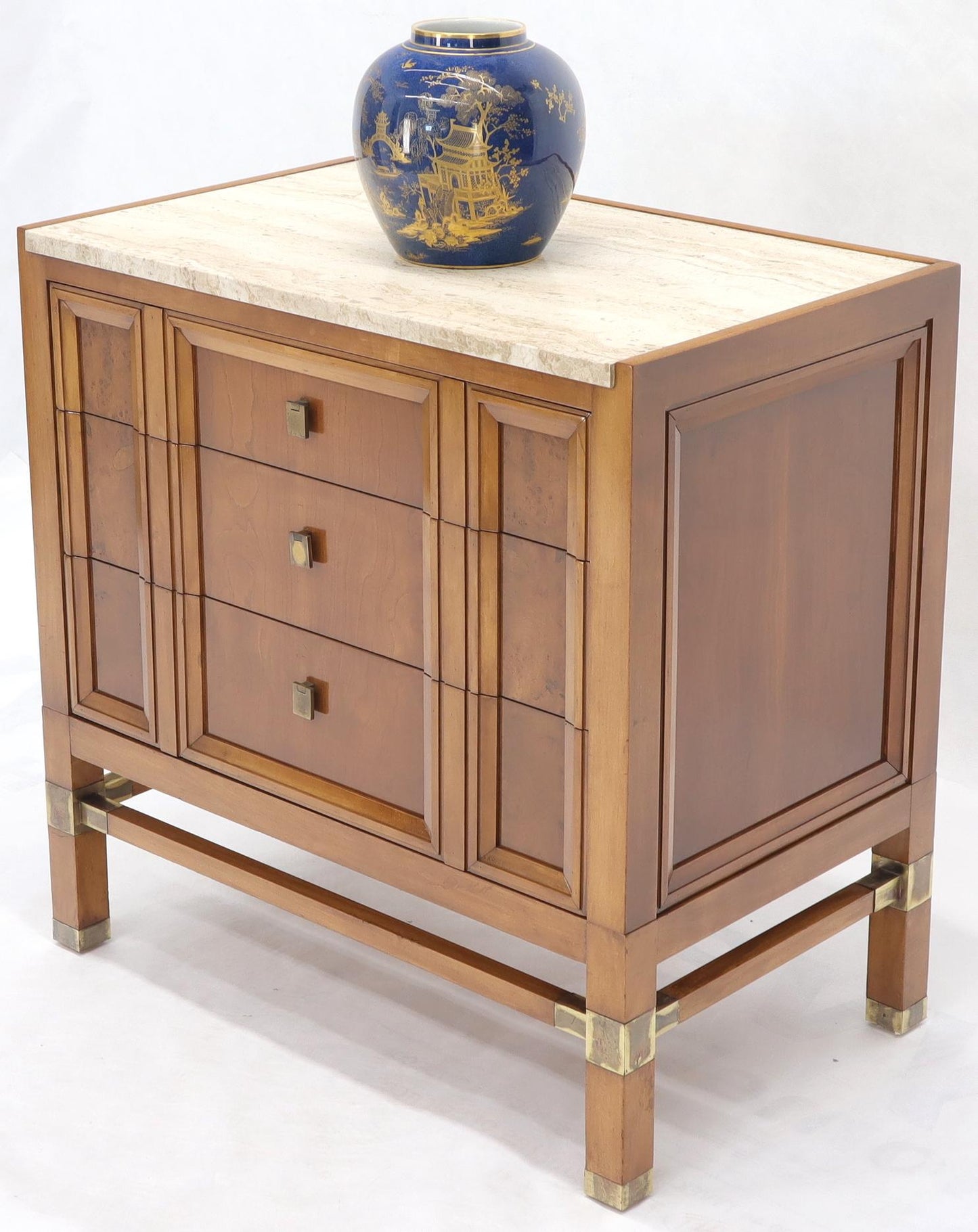 EstablishedLines Travertine Top Three Drawers Bachelors Chest with Brass Pulls and Accents
