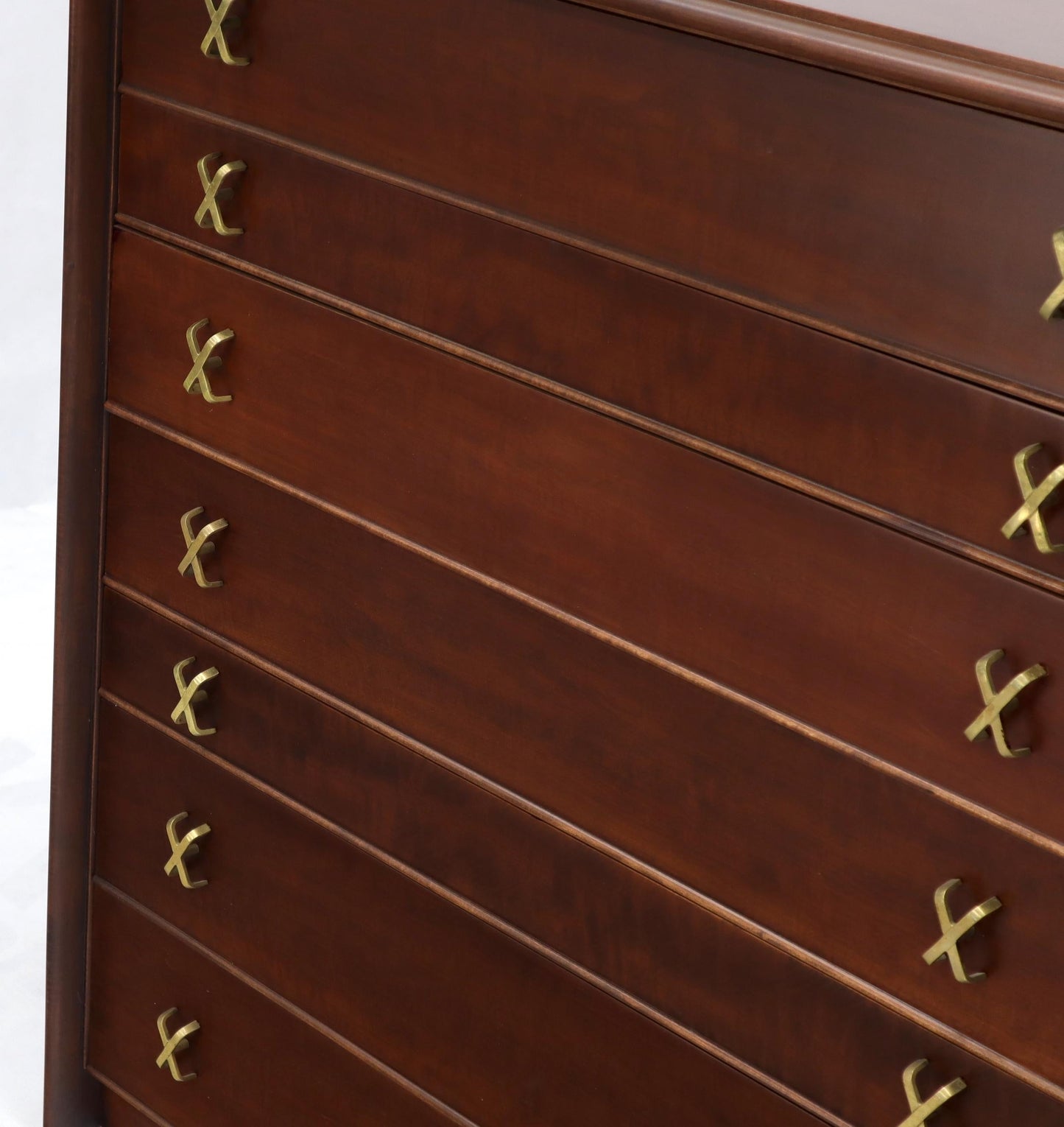 EstablishedLines Paul Frankl Brass X-Pulls Brown Cherry High Chest with Drop Front Secretary