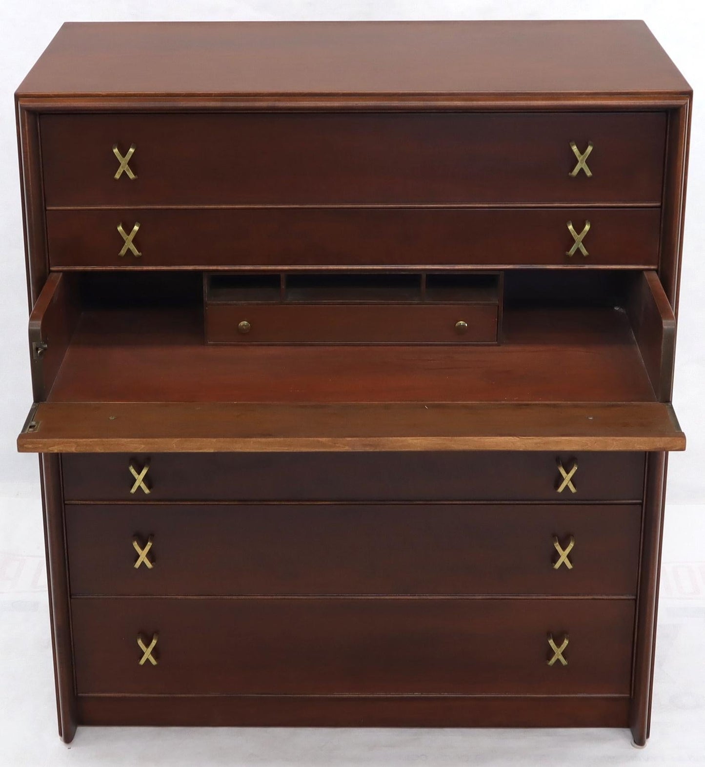 EstablishedLines Paul Frankl Brass X-Pulls Brown Cherry High Chest with Drop Front Secretary