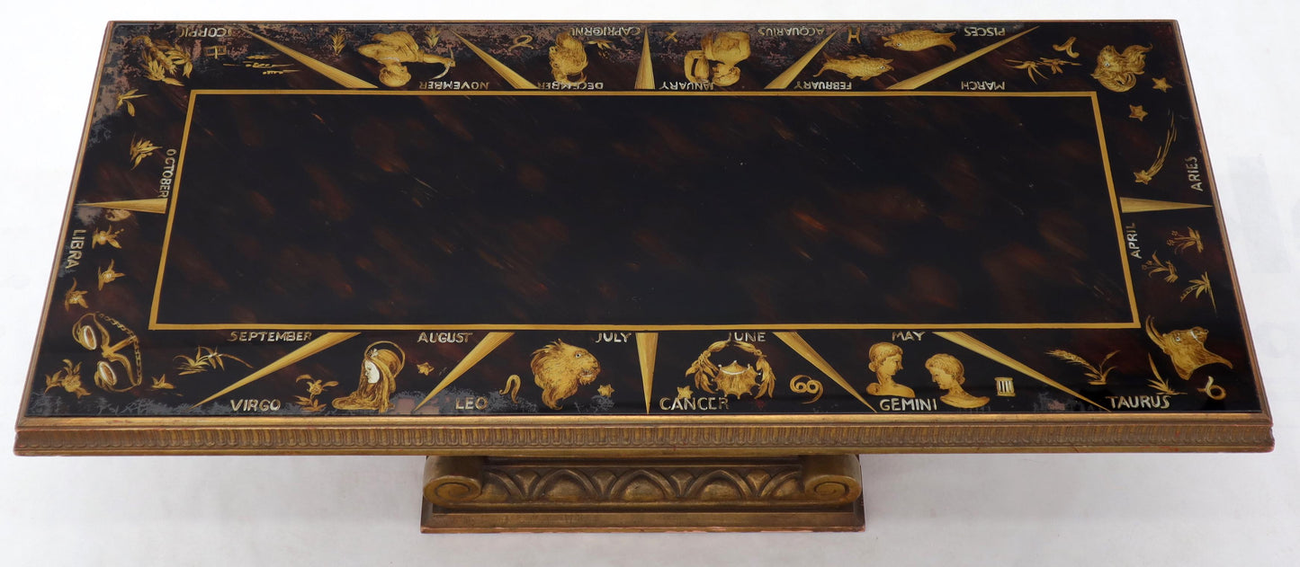 EstablishedLines Reverse Painting Glass Top Colomn Pedestal Shape Base Gold Gilt Coffee Table