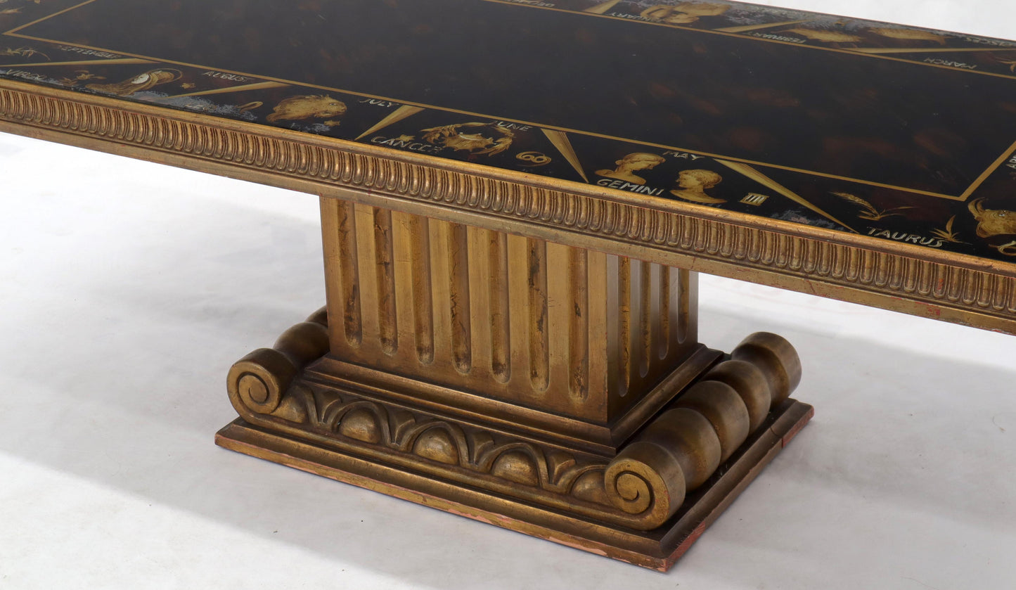 EstablishedLines Reverse Painting Glass Top Colomn Pedestal Shape Base Gold Gilt Coffee Table