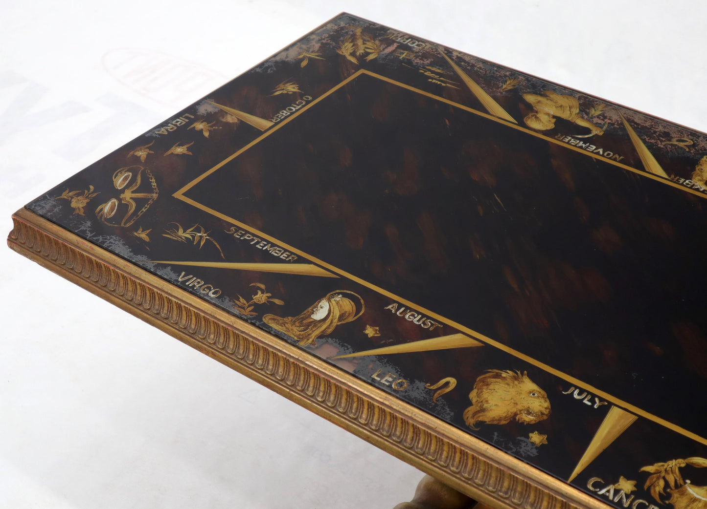 EstablishedLines Reverse Painting Glass Top Colomn Pedestal Shape Base Gold Gilt Coffee Table