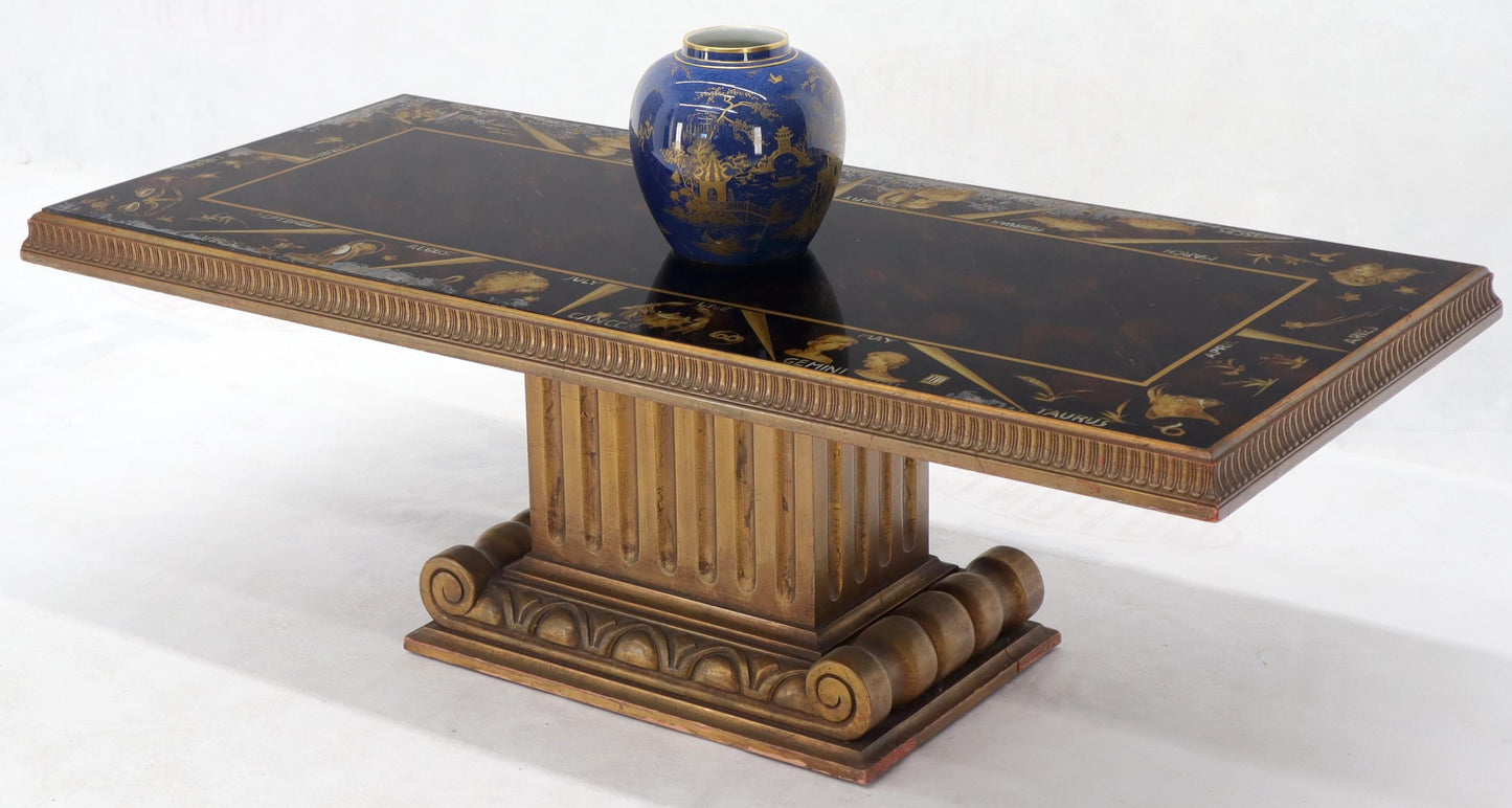 EstablishedLines Reverse Painting Glass Top Colomn Pedestal Shape Base Gold Gilt Coffee Table