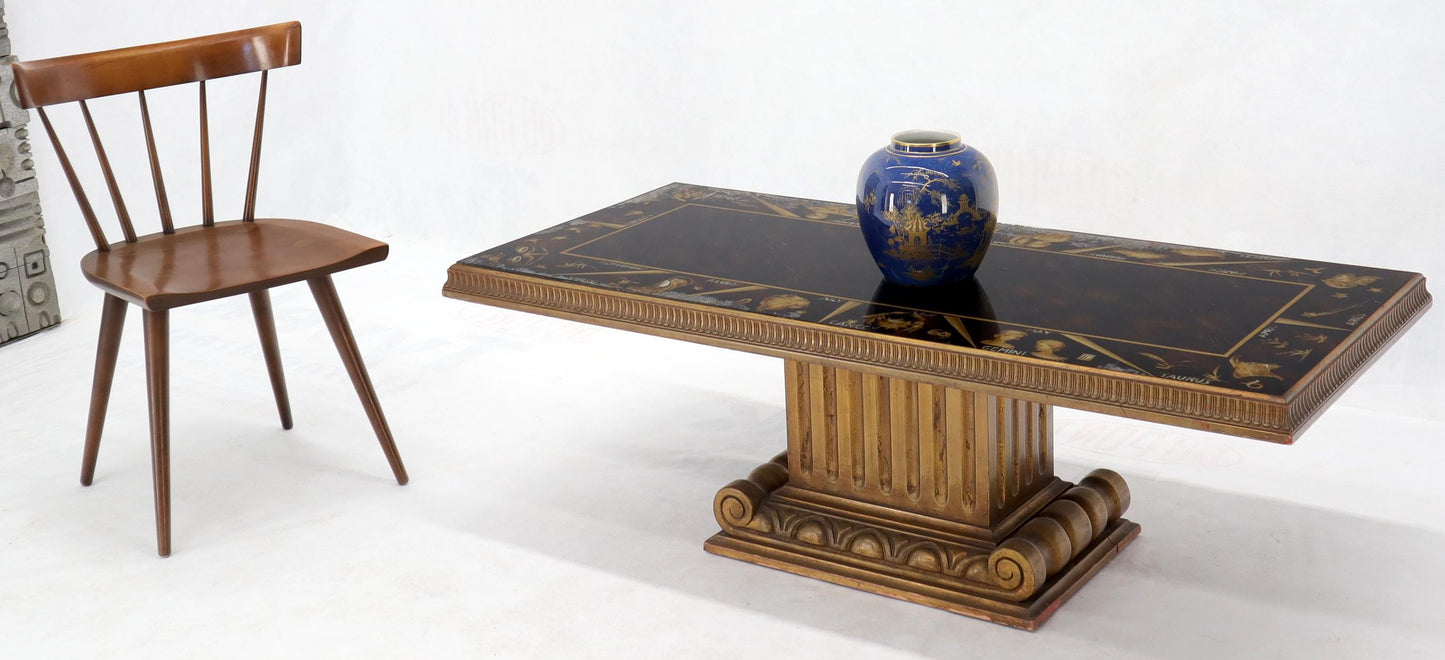 EstablishedLines Reverse Painting Glass Top Colomn Pedestal Shape Base Gold Gilt Coffee Table