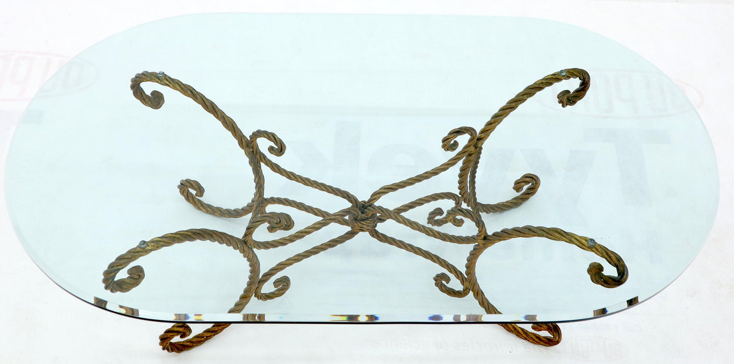 EstablishedLines Twisted Wrought Iron Rope Gold Gilt Base Oval Racetrack Glass Top Coffee Table