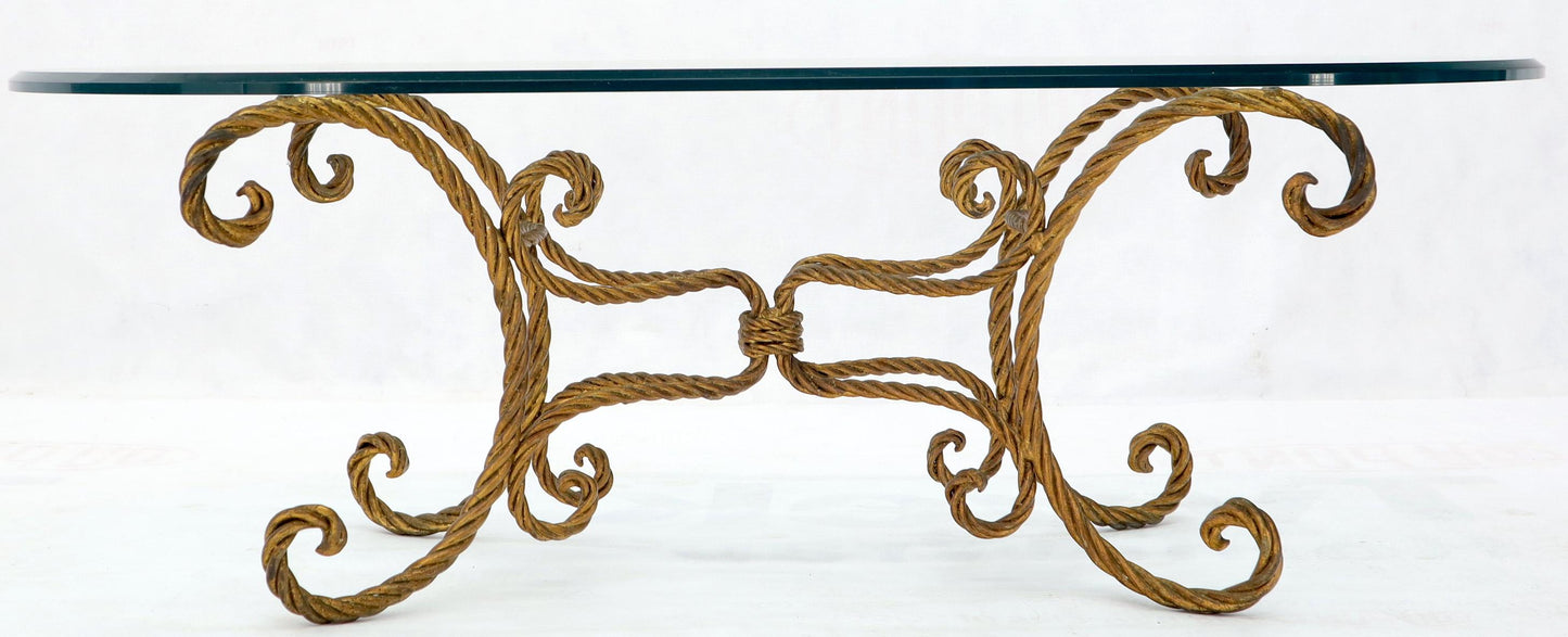 EstablishedLines Twisted Wrought Iron Rope Gold Gilt Base Oval Racetrack Glass Top Coffee Table