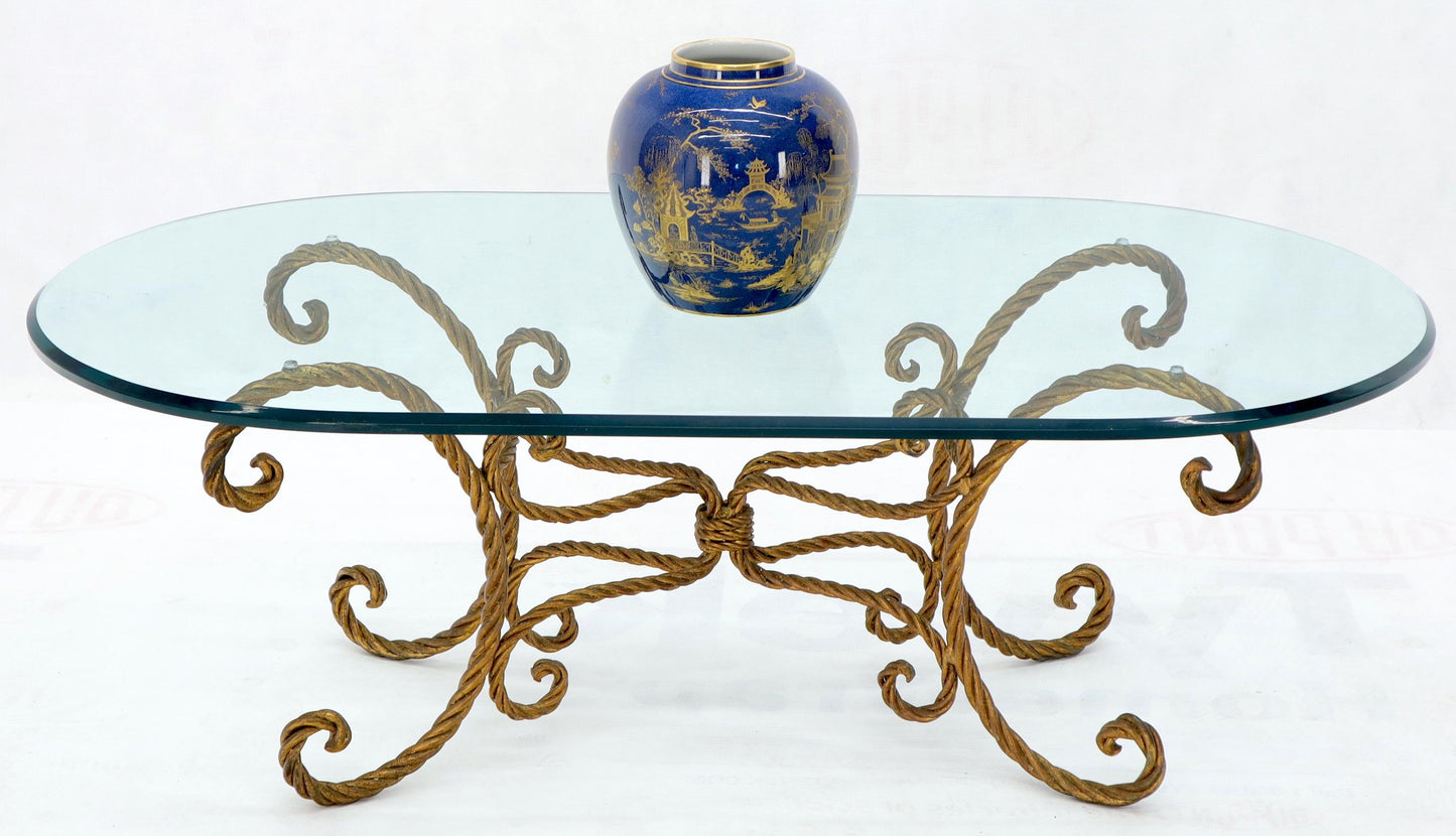 EstablishedLines Twisted Wrought Iron Rope Gold Gilt Base Oval Racetrack Glass Top Coffee Table