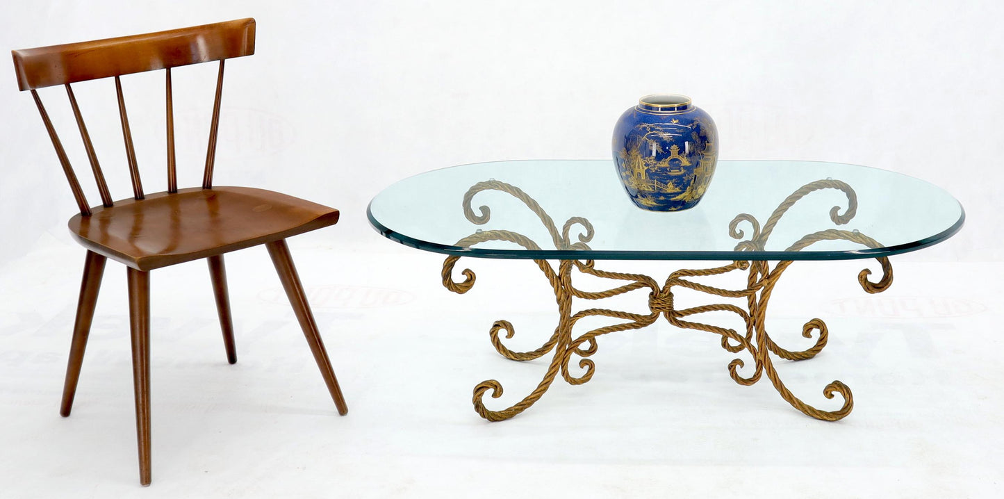 EstablishedLines Twisted Wrought Iron Rope Gold Gilt Base Oval Racetrack Glass Top Coffee Table