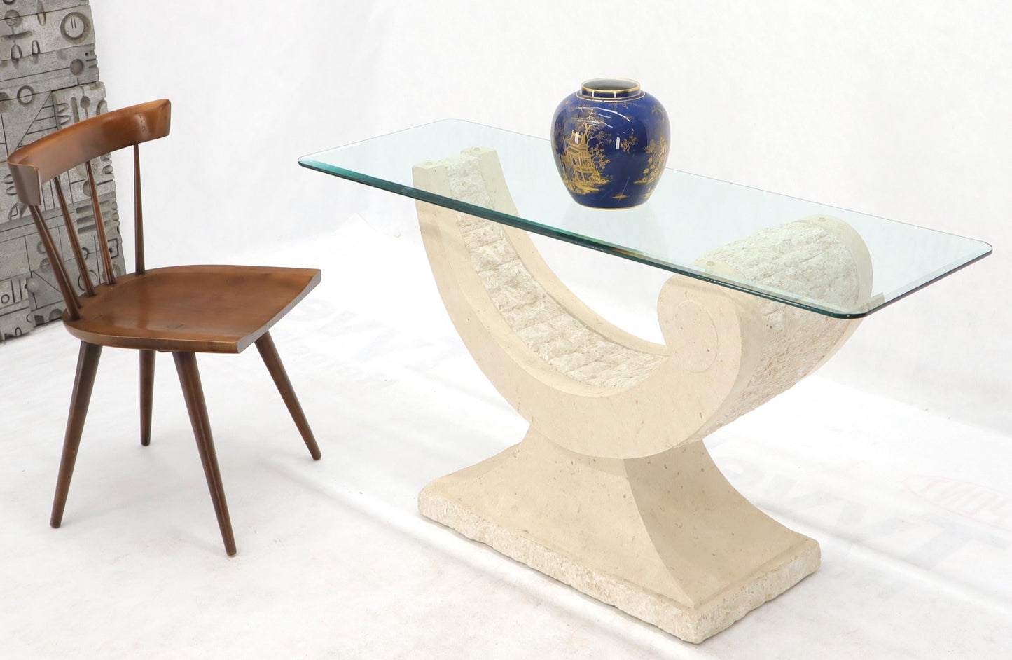 EstablishedLines Tessellated Stone Organic Shape Base Rectangular Sofa Console Table