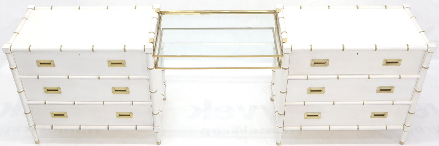 EstablishedLines Pair of White Lacquer Brass Hardware Bachelor Chest with Suspended Brass Vanity