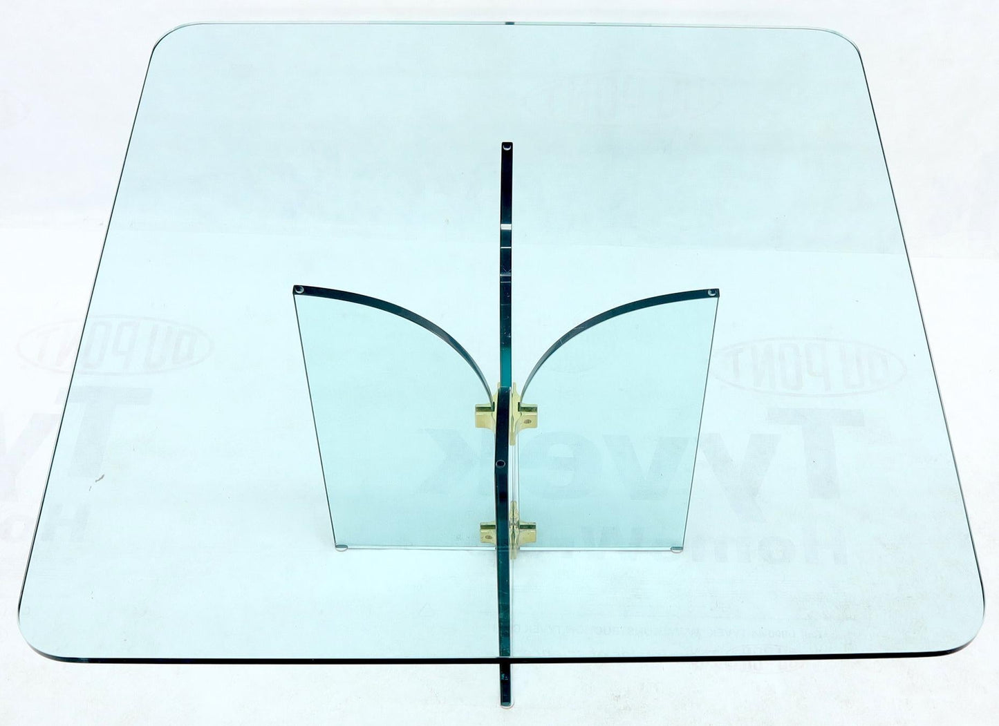 EstablishedLines Thick Rounded Square Glass Top Dining Table on Thick Glass Pedestal Base