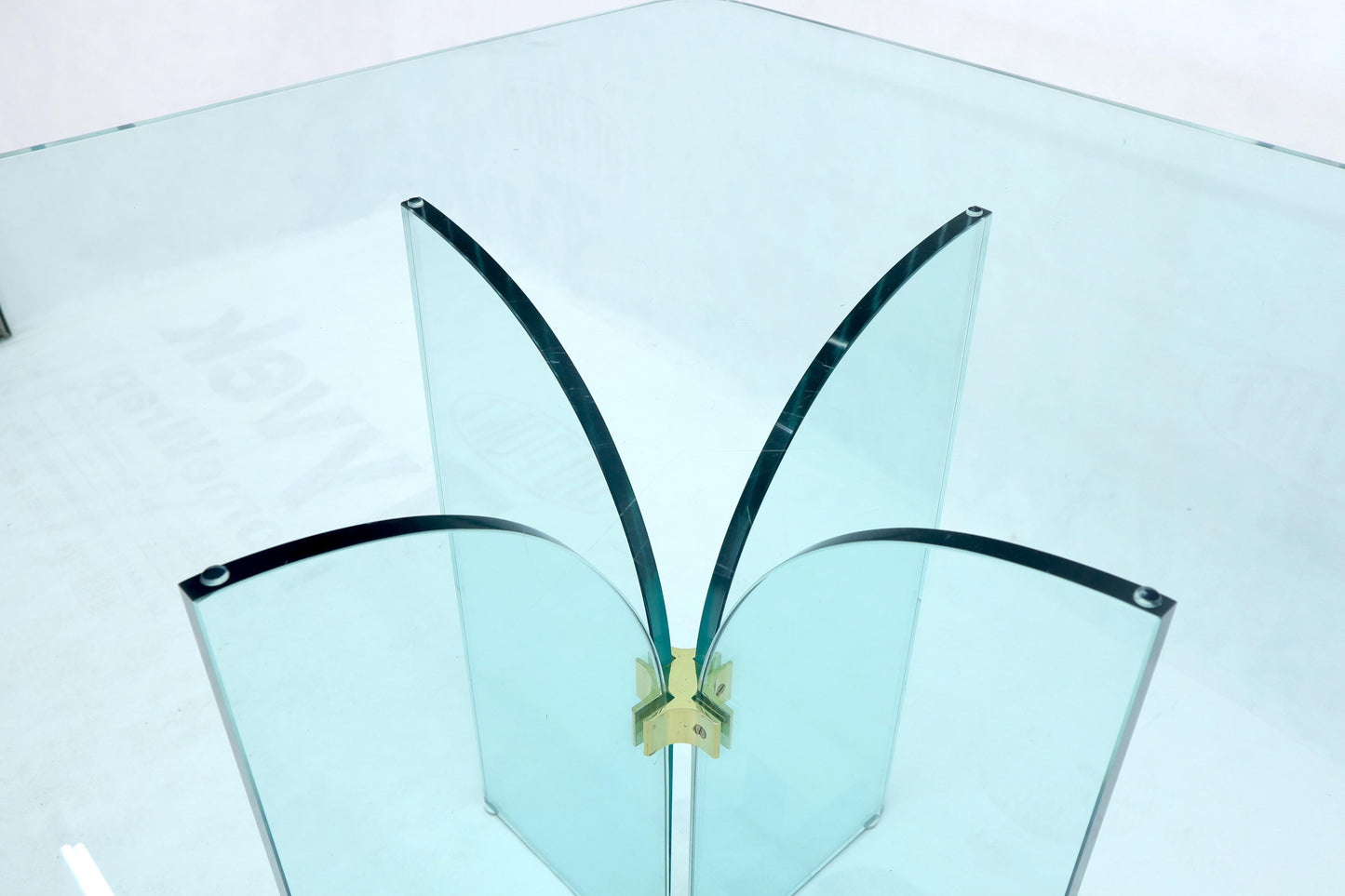 EstablishedLines Thick Rounded Square Glass Top Dining Table on Thick Glass Pedestal Base