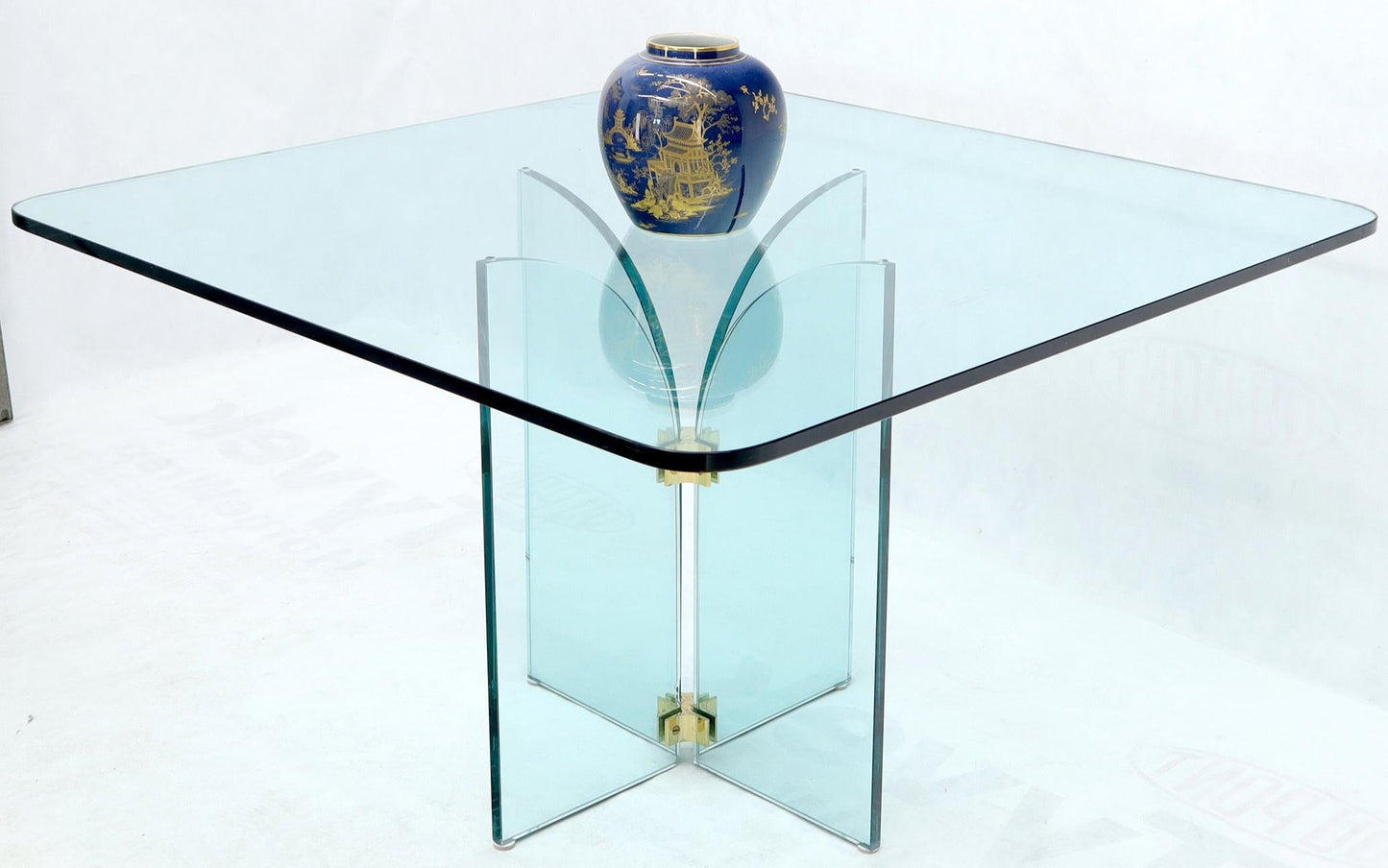 EstablishedLines Thick Rounded Square Glass Top Dining Table on Thick Glass Pedestal Base