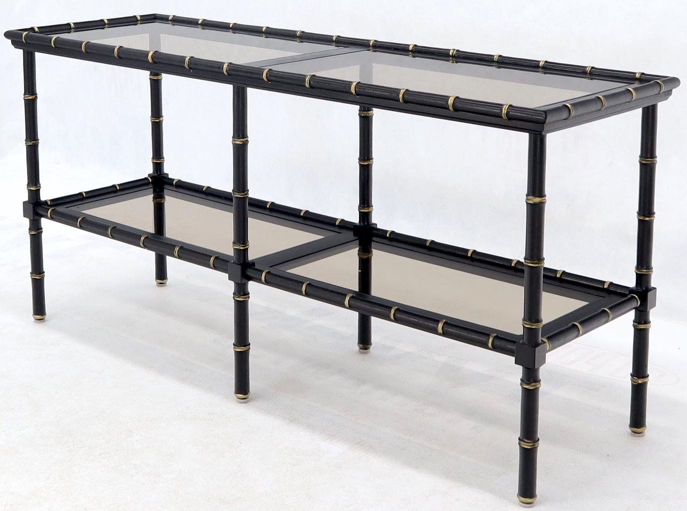 EstablishedLines Black Lacquer Faux Bamboo Gold Accents Smoked Glass Console Sofa Table
