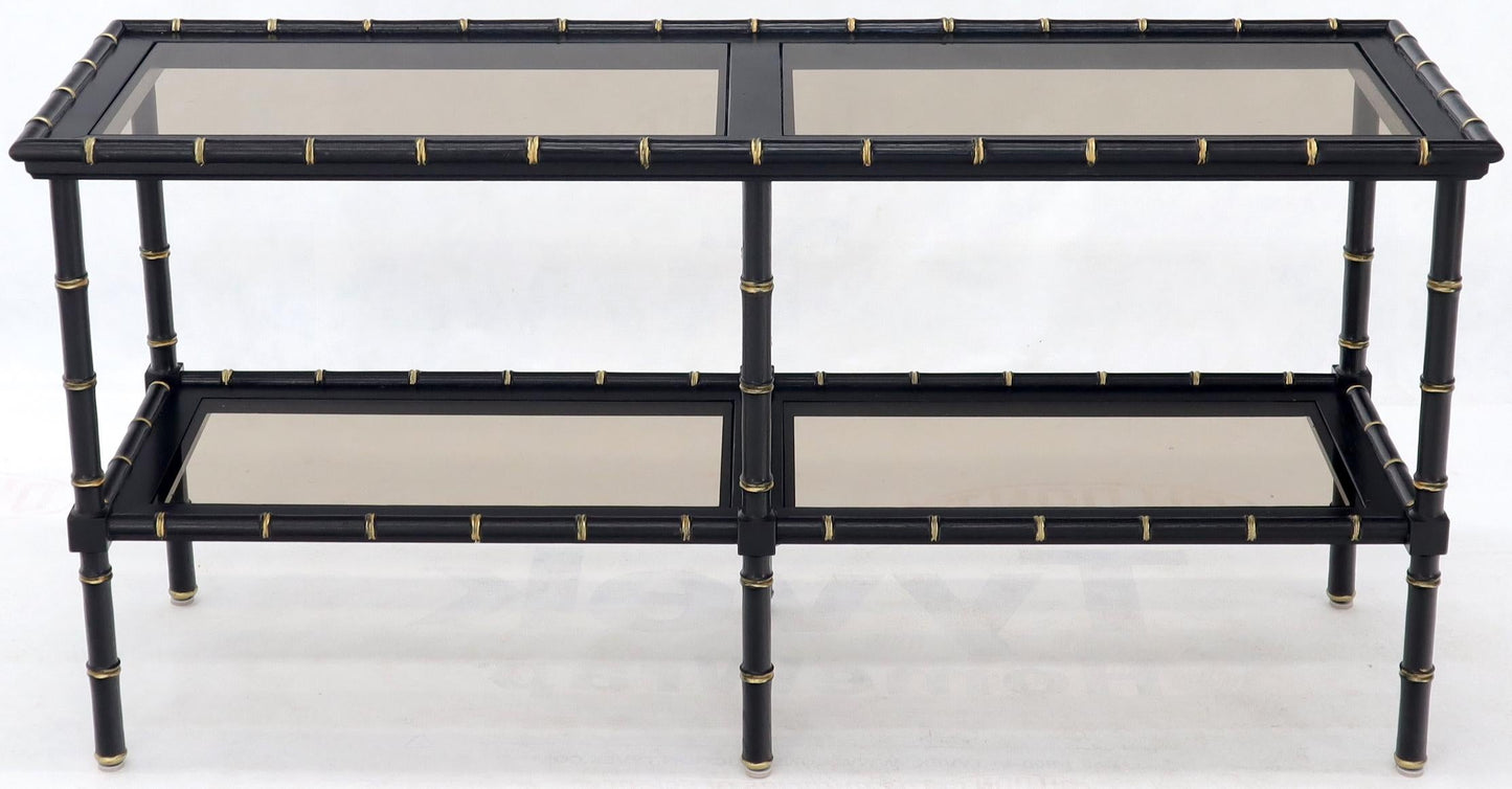 EstablishedLines Black Lacquer Faux Bamboo Gold Accents Smoked Glass Console Sofa Table
