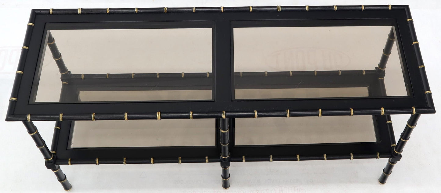 EstablishedLines Black Lacquer Faux Bamboo Gold Accents Smoked Glass Console Sofa Table