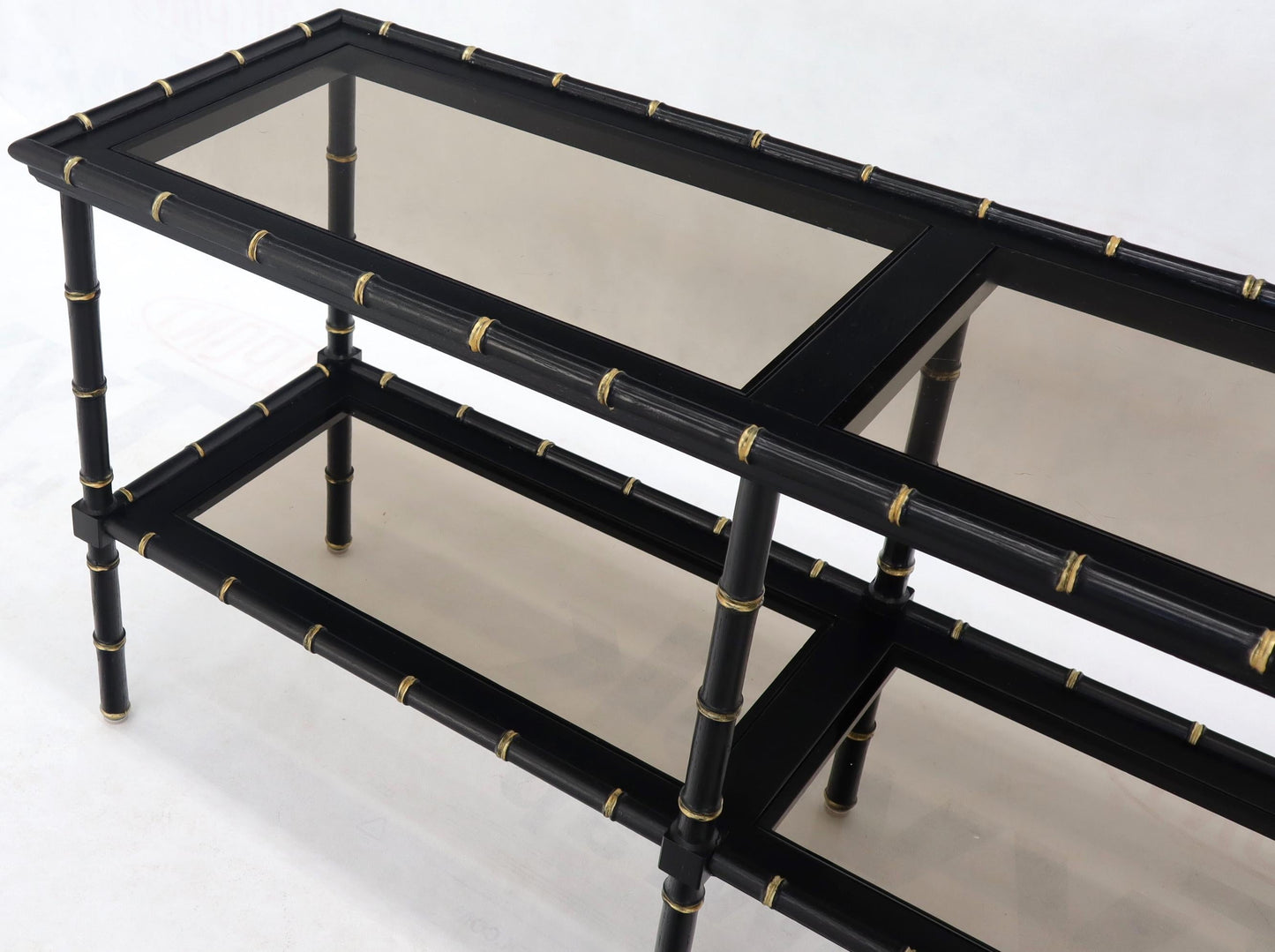 EstablishedLines Black Lacquer Faux Bamboo Gold Accents Smoked Glass Console Sofa Table