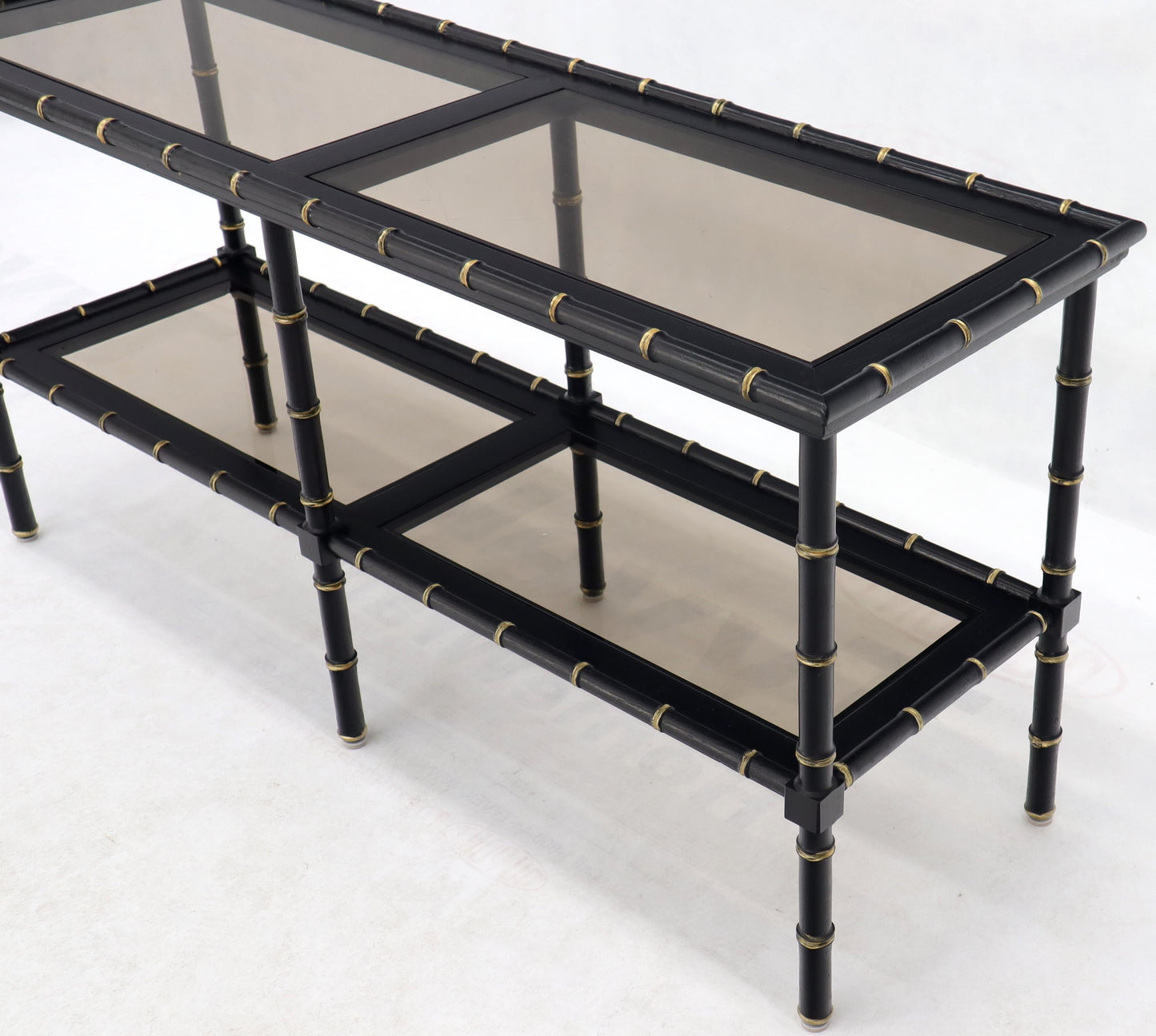 EstablishedLines Black Lacquer Faux Bamboo Gold Accents Smoked Glass Console Sofa Table