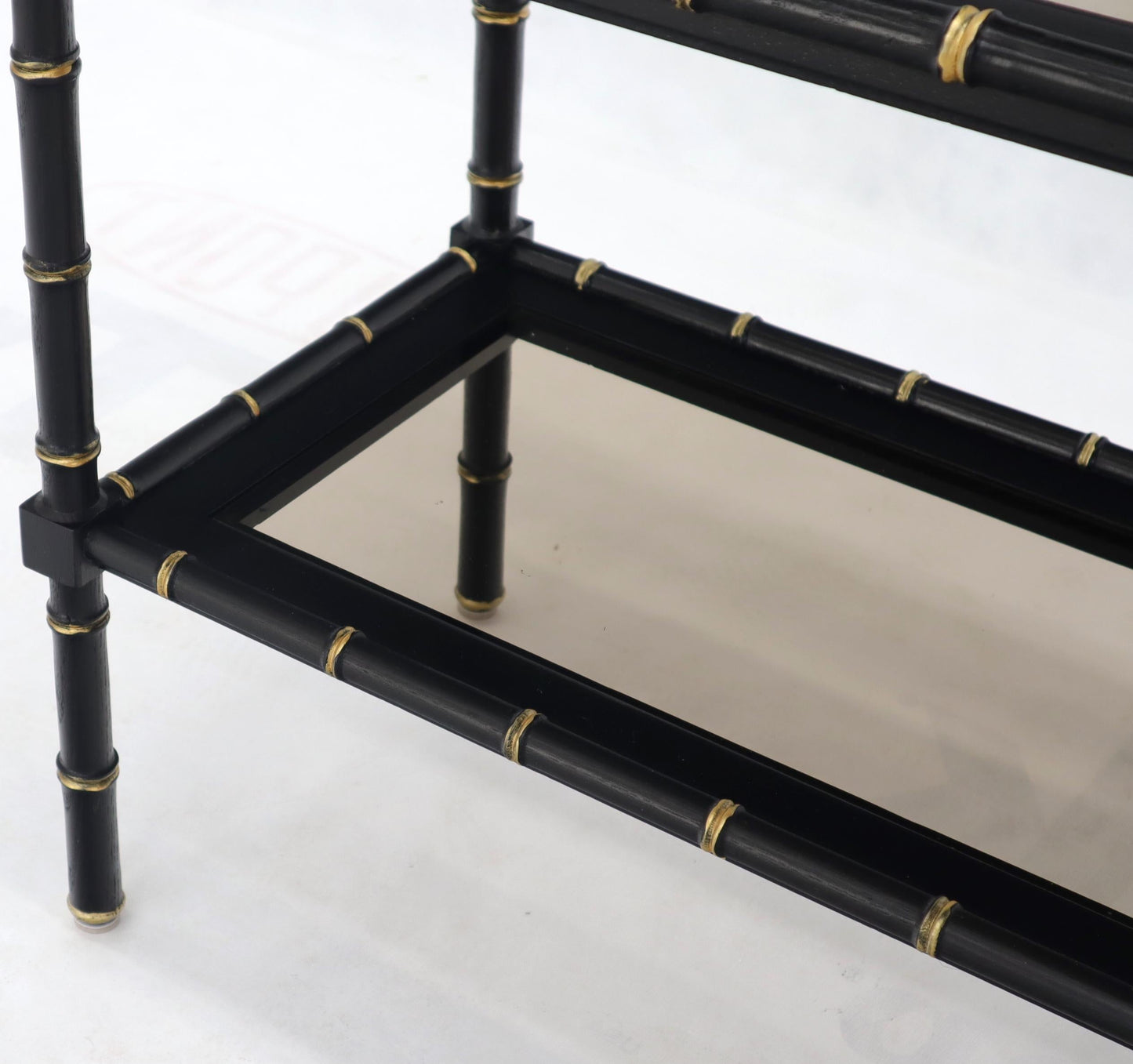 EstablishedLines Black Lacquer Faux Bamboo Gold Accents Smoked Glass Console Sofa Table