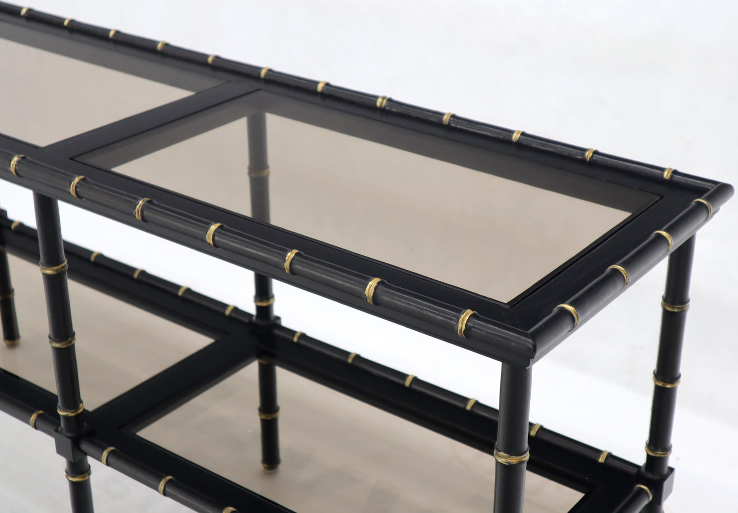 EstablishedLines Black Lacquer Faux Bamboo Gold Accents Smoked Glass Console Sofa Table