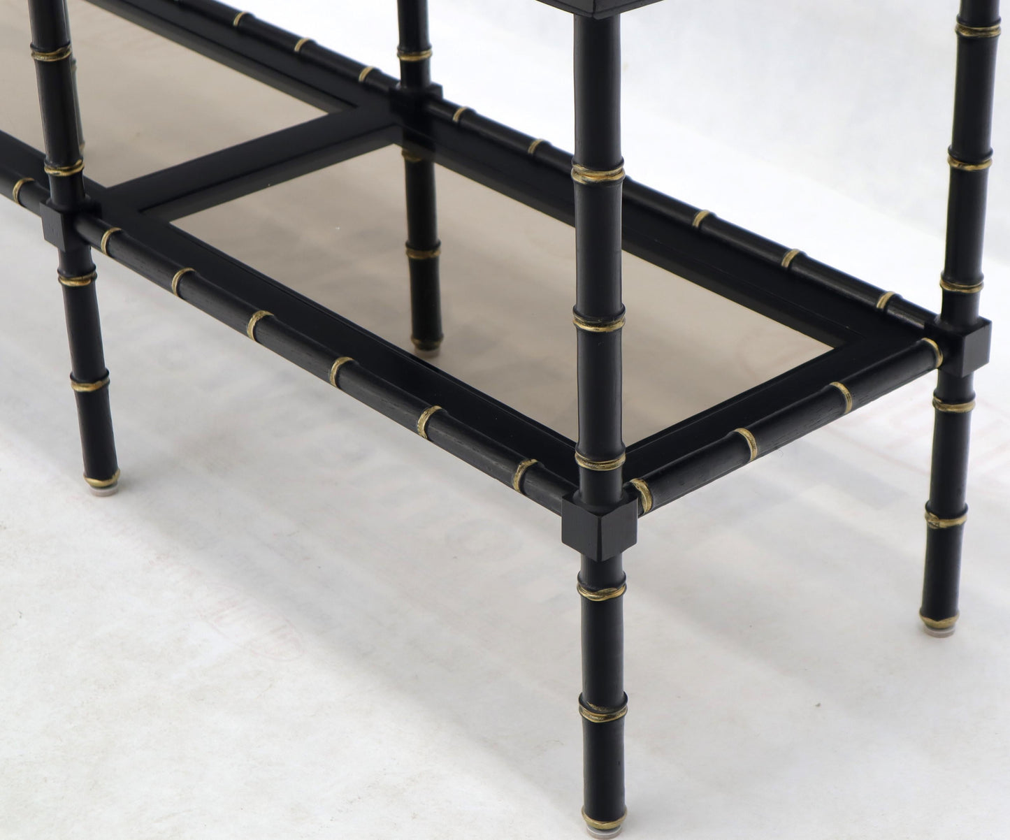 EstablishedLines Black Lacquer Faux Bamboo Gold Accents Smoked Glass Console Sofa Table