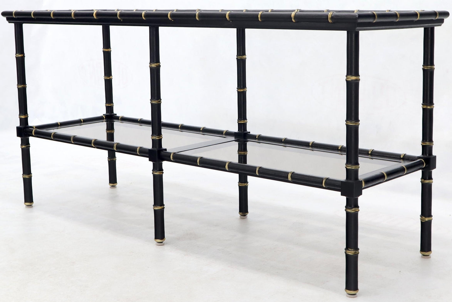 EstablishedLines Black Lacquer Faux Bamboo Gold Accents Smoked Glass Console Sofa Table