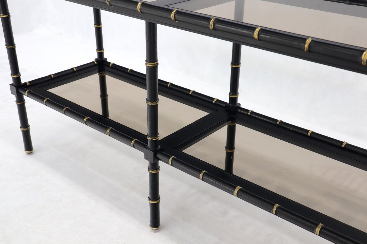 EstablishedLines Black Lacquer Faux Bamboo Gold Accents Smoked Glass Console Sofa Table