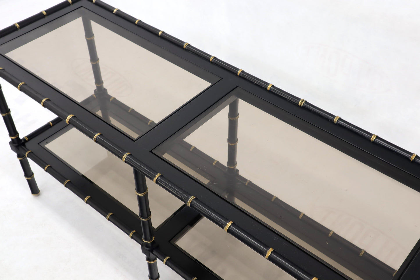 EstablishedLines Black Lacquer Faux Bamboo Gold Accents Smoked Glass Console Sofa Table