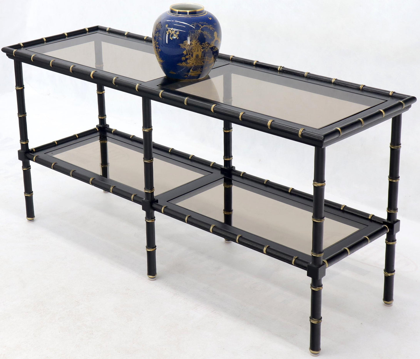 EstablishedLines Black Lacquer Faux Bamboo Gold Accents Smoked Glass Console Sofa Table