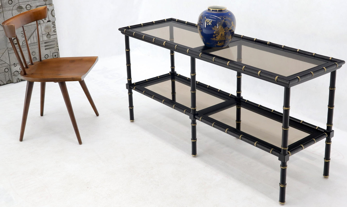 EstablishedLines Black Lacquer Faux Bamboo Gold Accents Smoked Glass Console Sofa Table