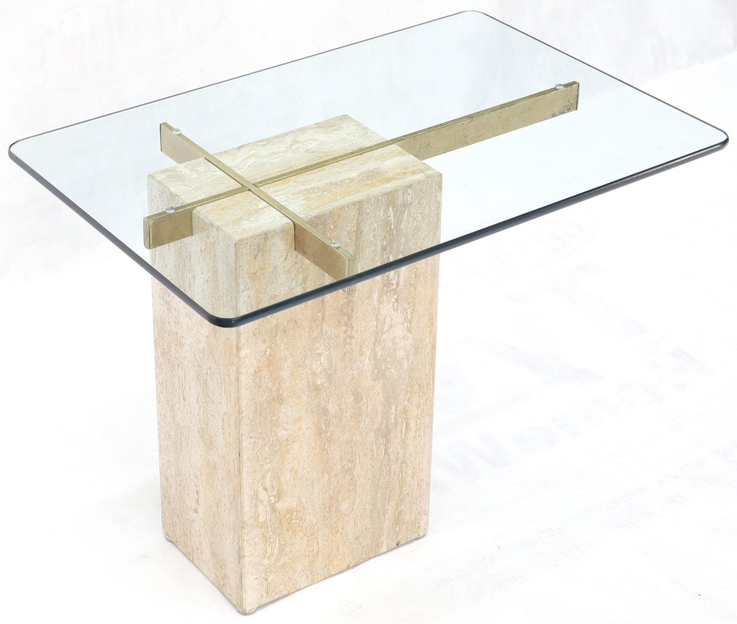 EstablishedLines Travertine Base Glass Top Mid-Century Modern Side Table