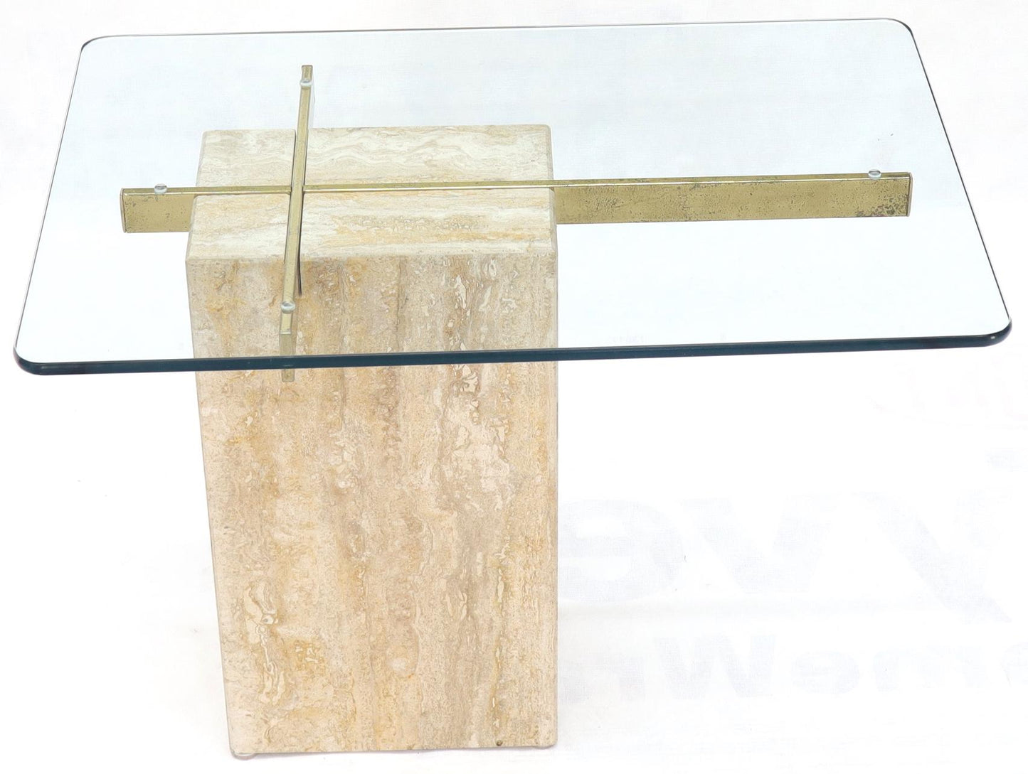 EstablishedLines Travertine Base Glass Top Mid-Century Modern Side Table