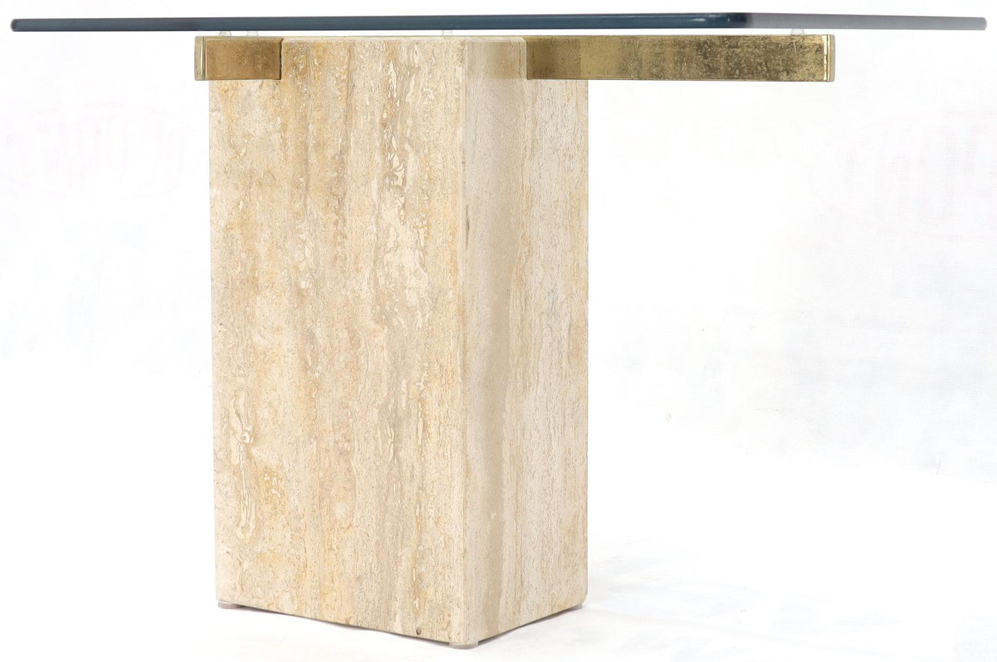 EstablishedLines Travertine Base Glass Top Mid-Century Modern Side Table