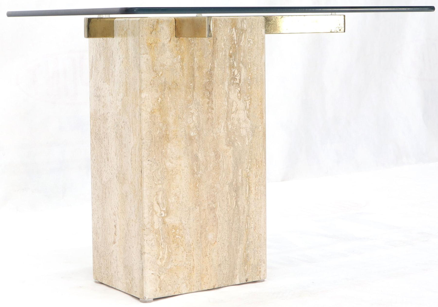 EstablishedLines Travertine Base Glass Top Mid-Century Modern Side Table