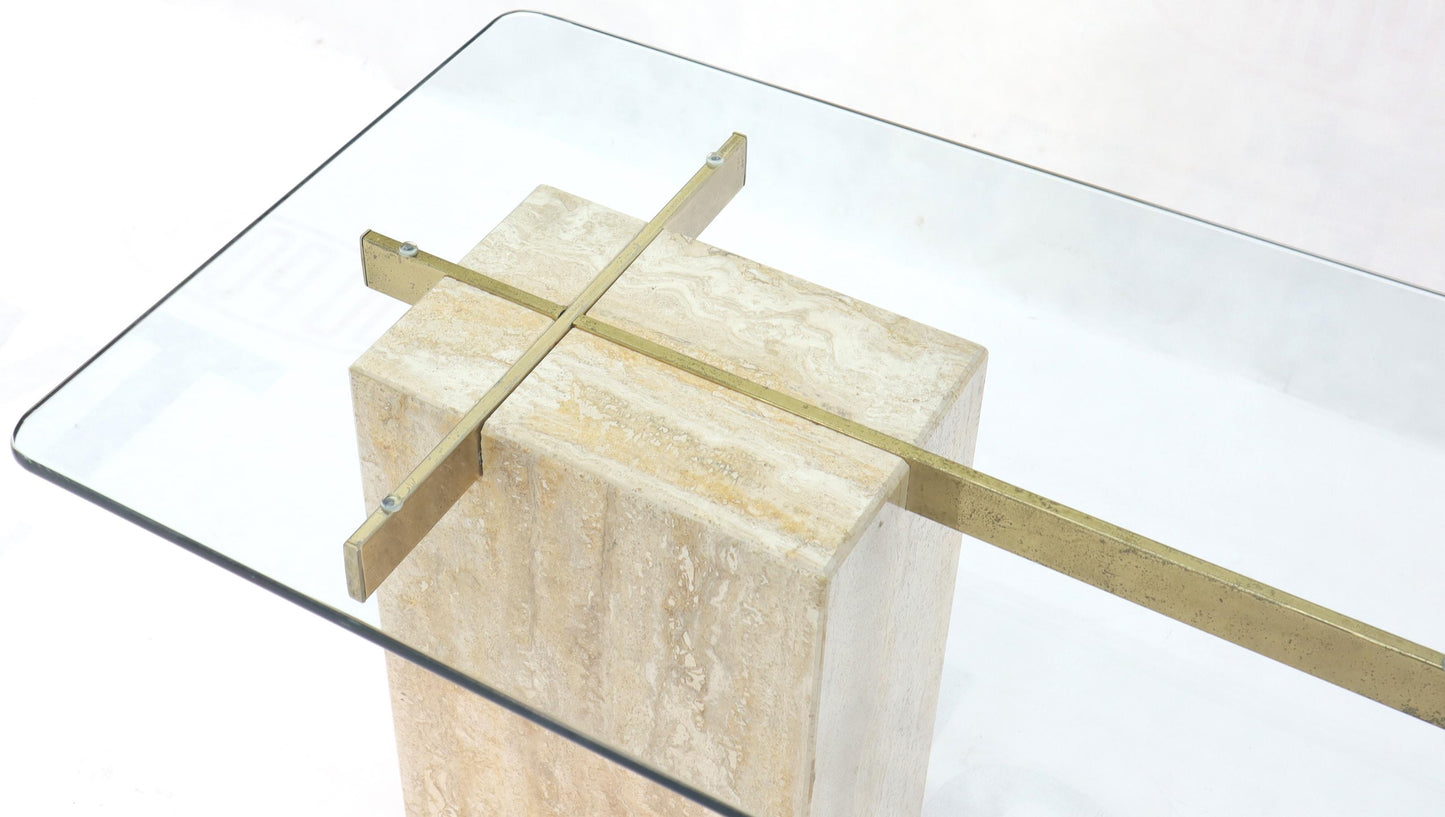 EstablishedLines Travertine Base Glass Top Mid-Century Modern Side Table