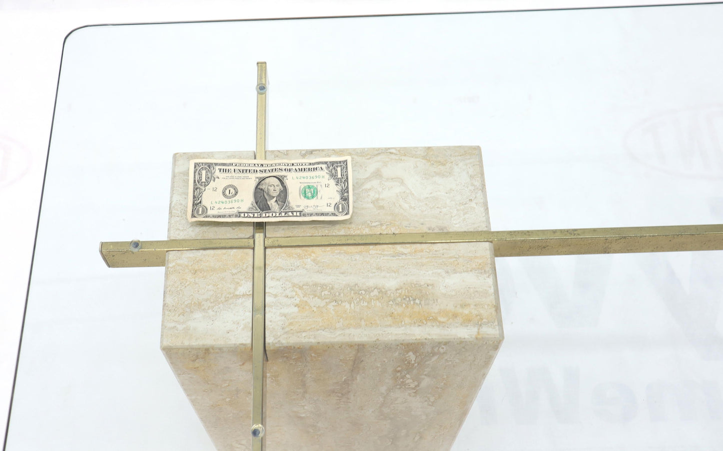 EstablishedLines Travertine Base Glass Top Mid-Century Modern Side Table