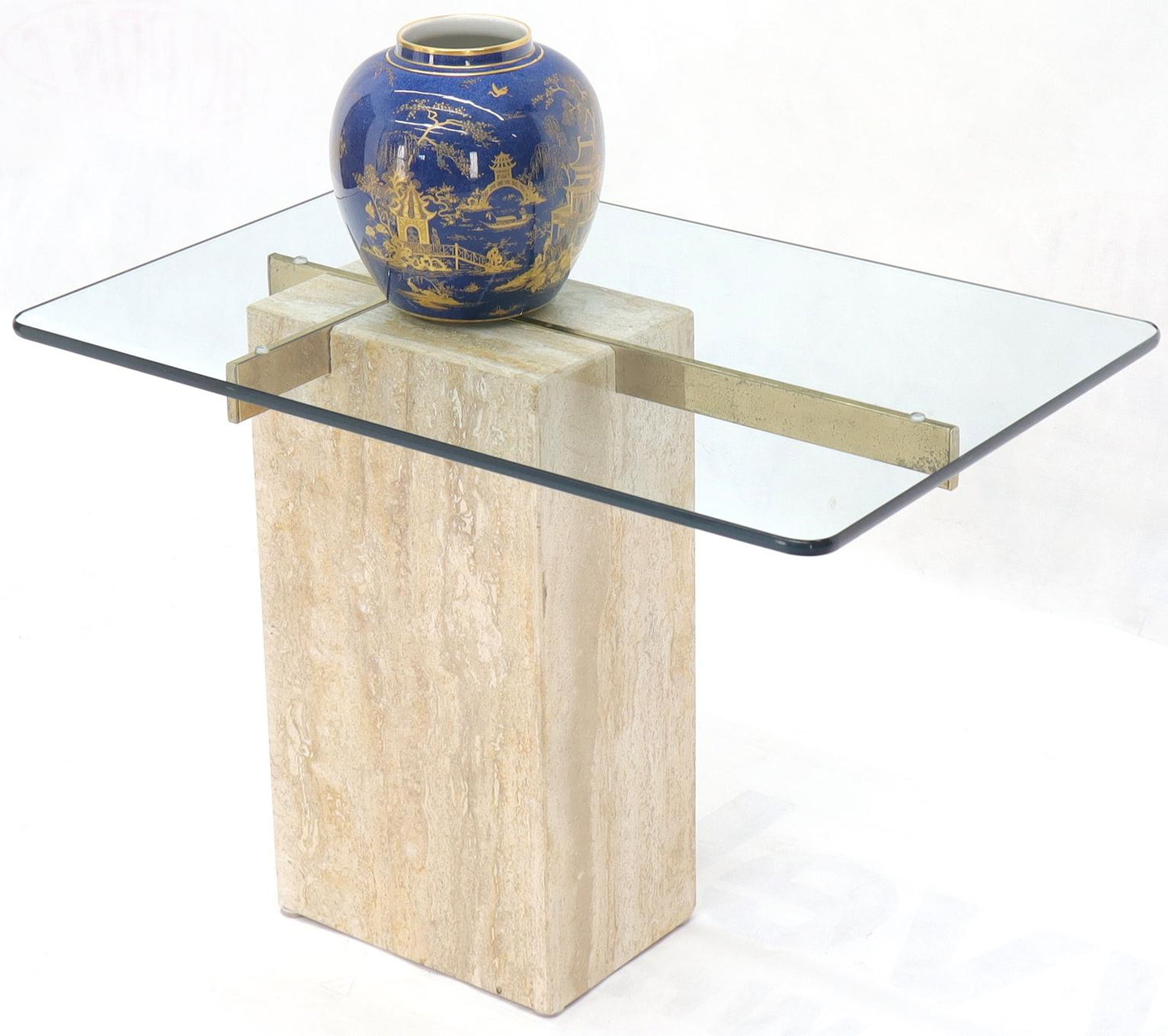 EstablishedLines Travertine Base Glass Top Mid-Century Modern Side Table