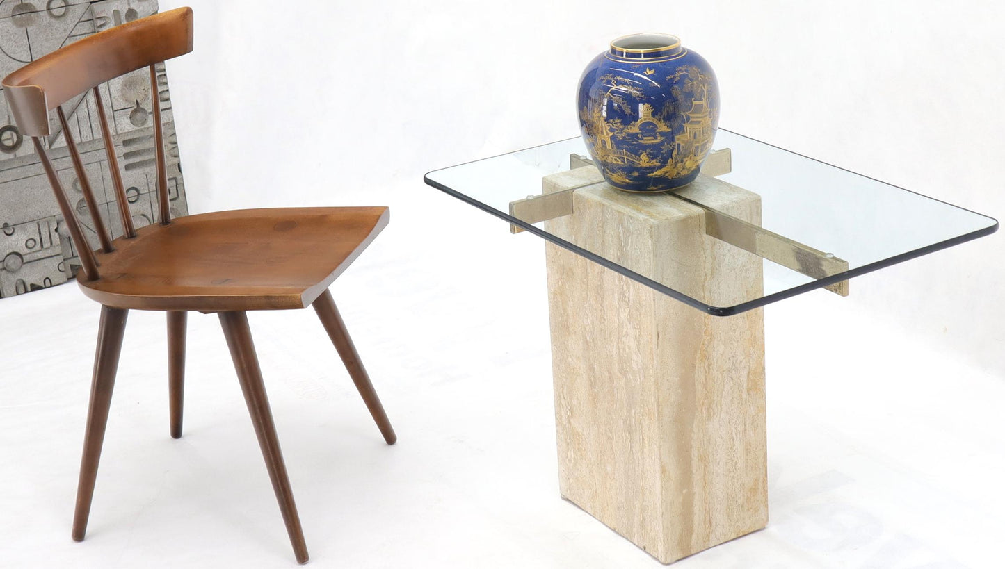 EstablishedLines Travertine Base Glass Top Mid-Century Modern Side Table