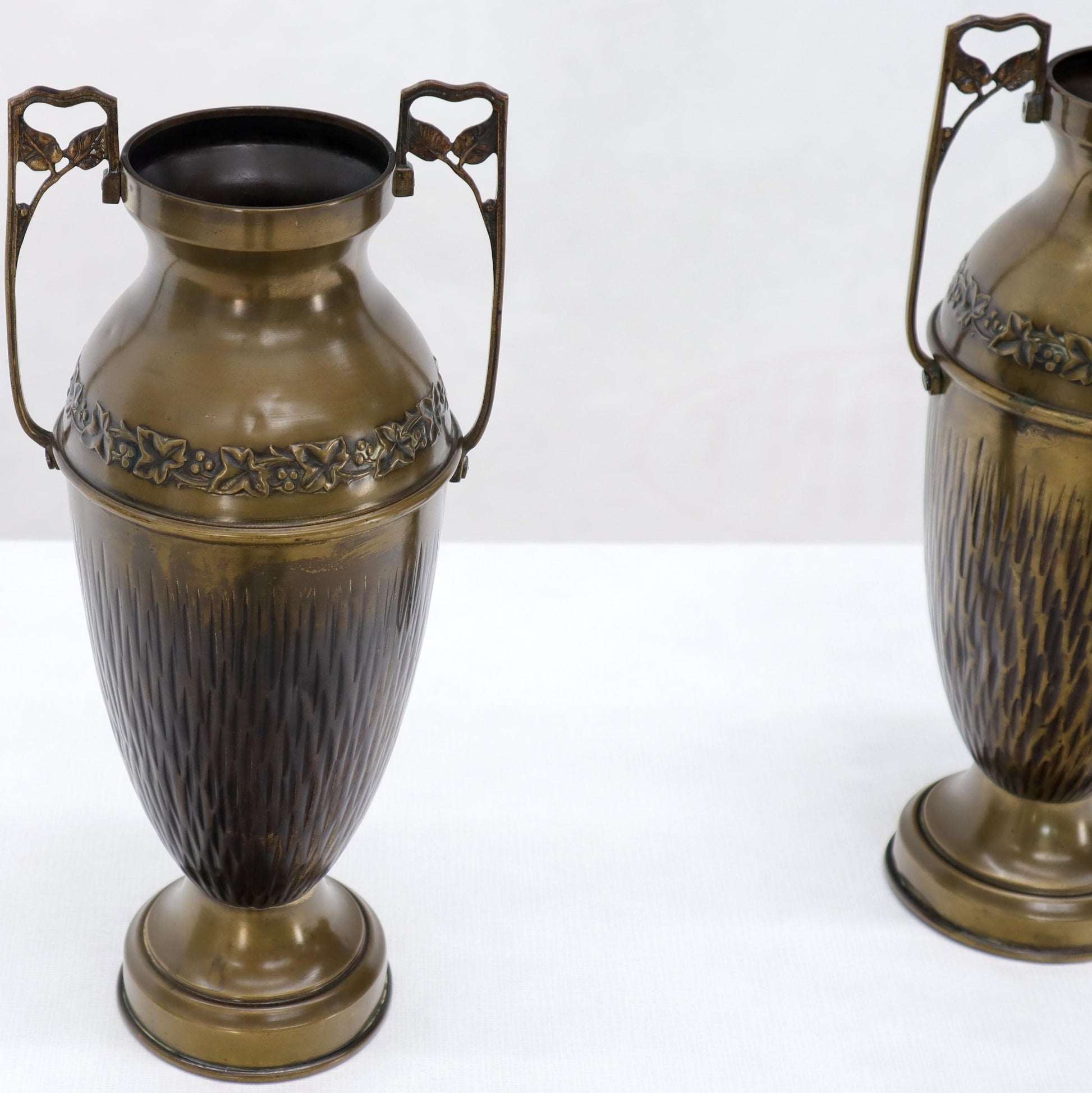 EstablishedLines Pair of Bronze Bohemian Double Handle Urn Shape Vases