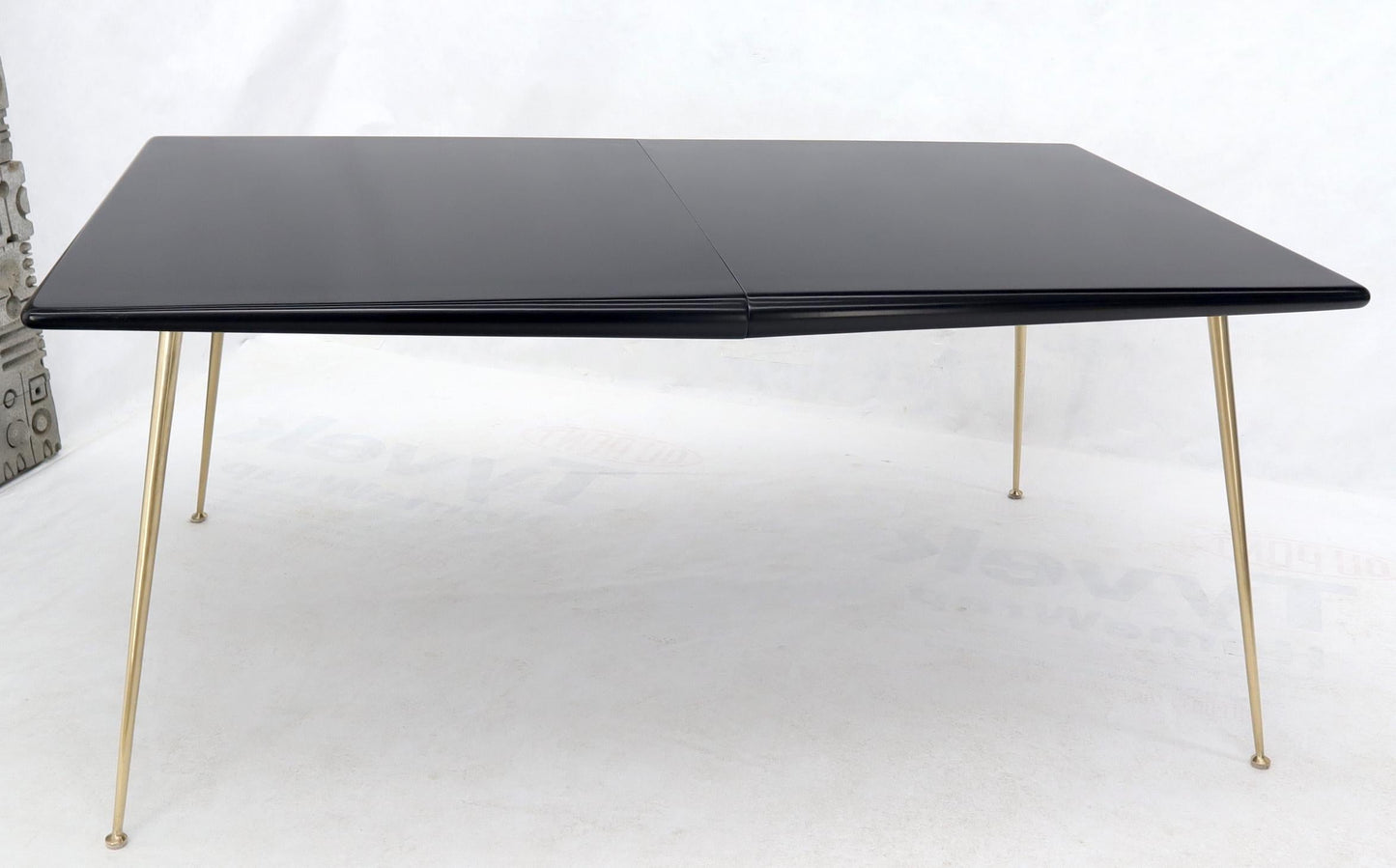 EstablishedLines Black Lacquer Brass Legs Gibbings Dining Table with 1 Extensions Board